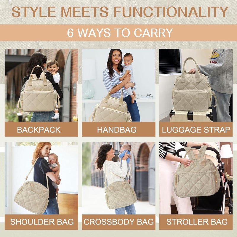 Mozzilog Large Diaper Bags with Changing Pad, 6 in 1 Travel Diapers Backpack, Baby Bag for Mom Quilted Mommy Daipering, Hospital Bag for Women Labor Delivery Maternity Tote (Light Khaki) - Image 2